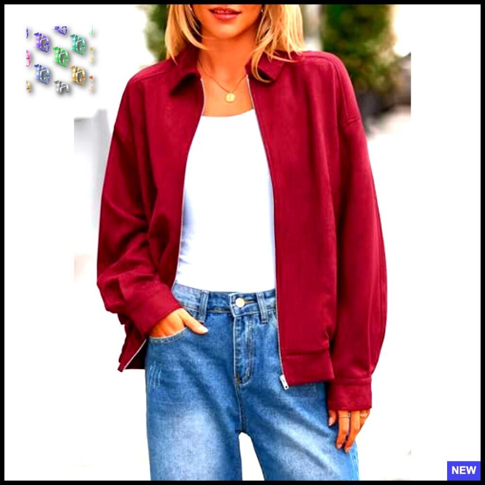 Faux Suede Bomber Jacket Oversized Zip Up Casual Chic Winter Outerwear - Picture 2 of 7